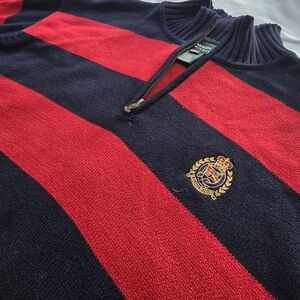 Lauren Ralph Lauren Red Navy Striped Quarter Zip Sweater Pullover